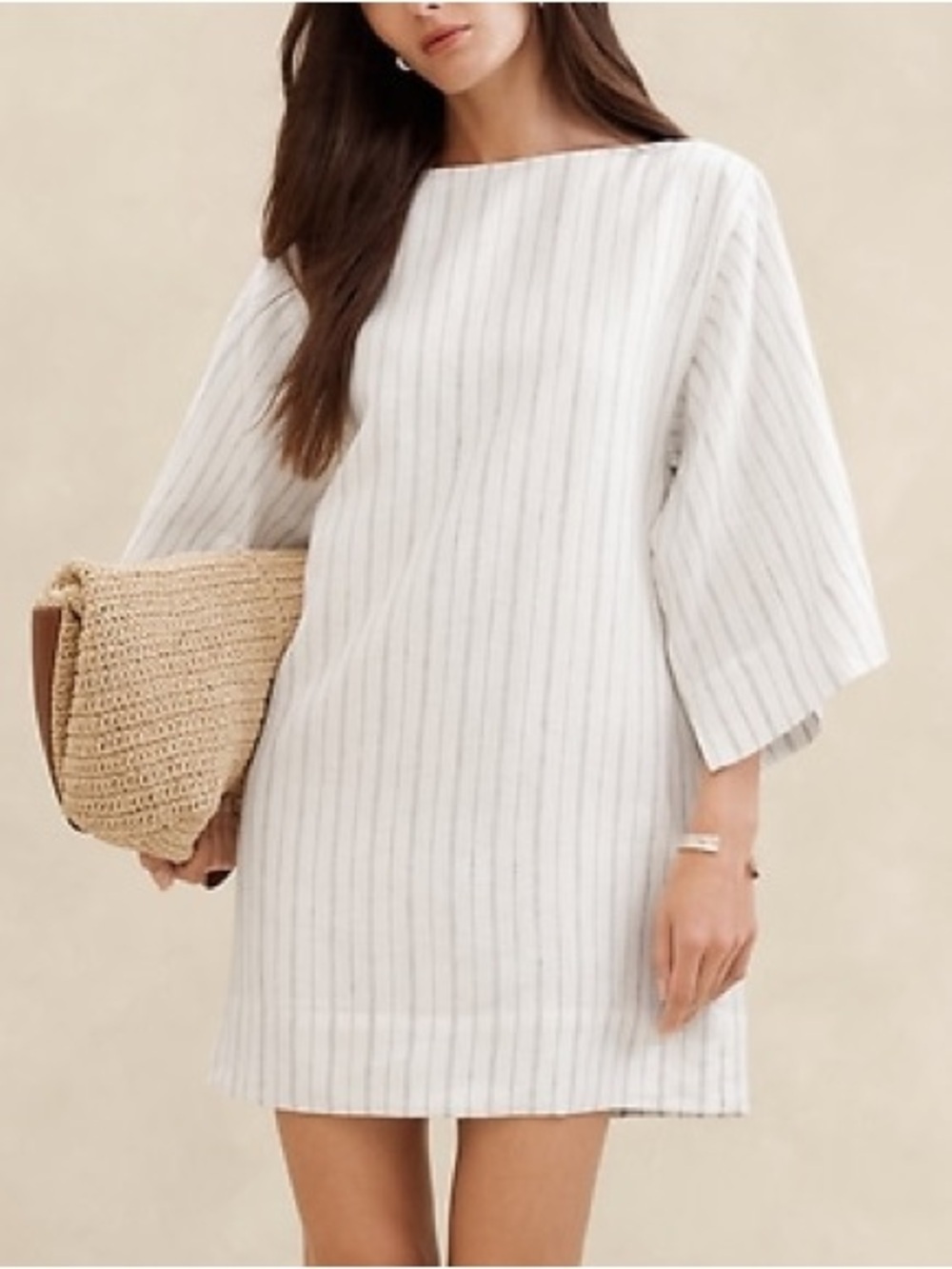 Banana Republic White Pinstripe Linen Dress with Bell Sleeves